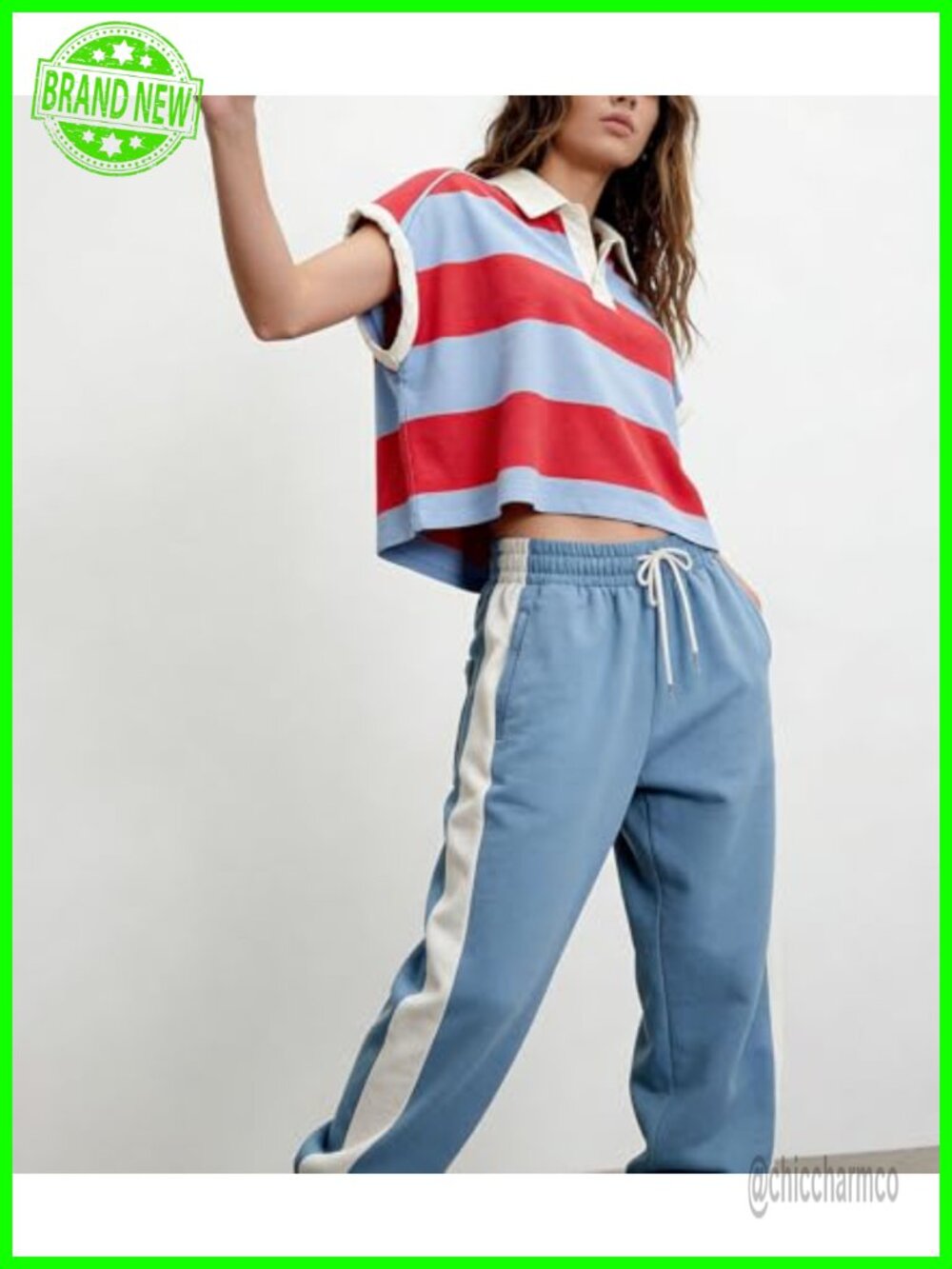 Striped Oversized Y2K Polo Top Short Sleeve Cropped Baggy T-shirt - Picture 2 of 6